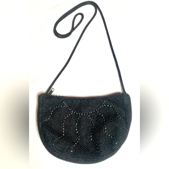 🛍BEADED Small black Cross Body long strap Purse size 8x5 EUC - Picture 2 of 10